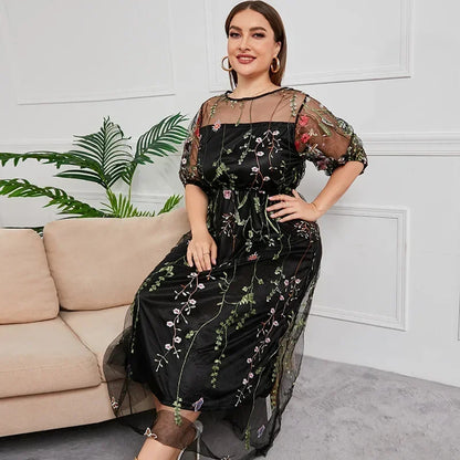 French Hepburn style oversized dress, women's mesh embroidered banquet party dress, 200 pounds to wear plus size women clothing