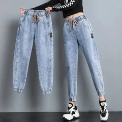 High Waist Elastic Waist Women's Jeans Korean Vintage Loose Slim Harem Pants