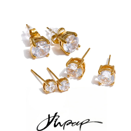 Yhpup 1Set High Quality Shiny Cubic Zirconia Round Stud Earrings Daily Stainless Steel Versatile Premium Jewelry Party Gift
