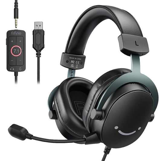 FIFINE Headset,3.5 mm jack&USB Headphone with 7.1 Surround Sound/volum contral/Mute switch for PC/MAC/PS4/PS5 Mixer-H9
