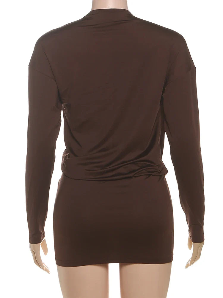 Nibber Cross Deep V-Neck Dress Women Full Sleeve Stretch Solid Midnight Street Clubwear Party Autumn Trend Elegant Mini Bodycon