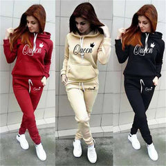 Women's 2-piece QUEEN print sports suit sportswear jogging suit women's hooded