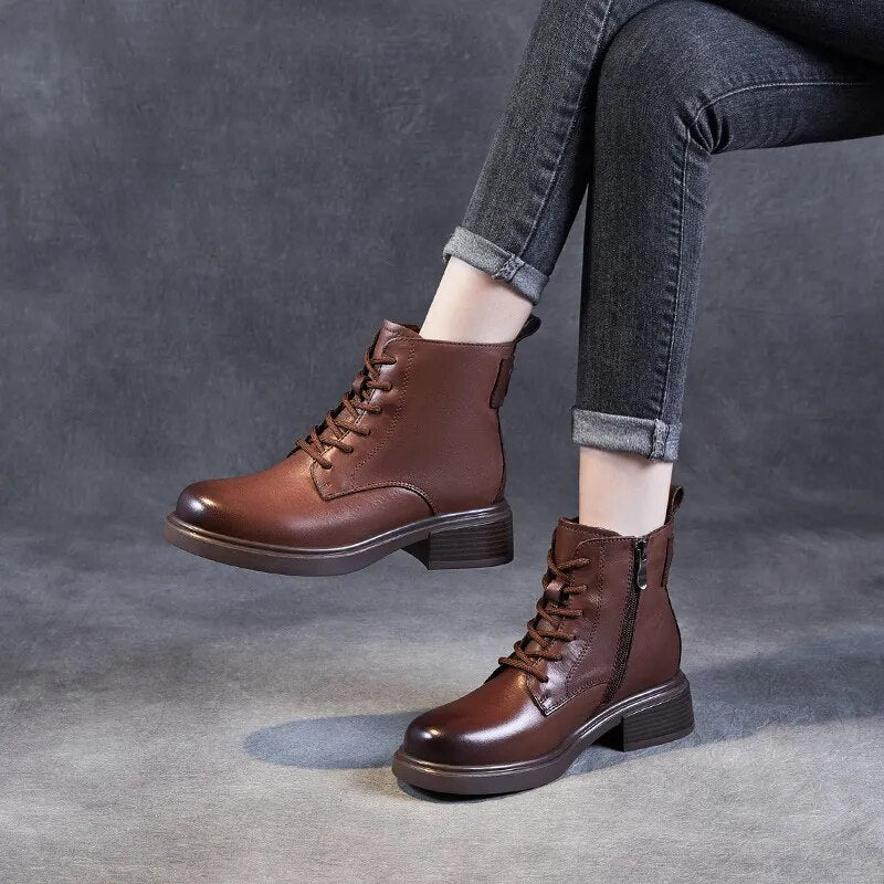 Autumn Winter Women Genuine Leather Boots Plus Velvets