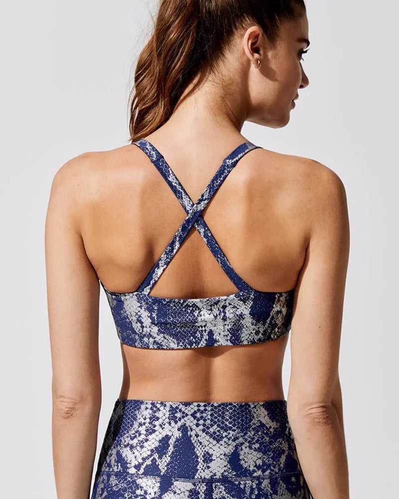 Women's Retro Metallic Snake Gym Leggings Blue Silver Shiny Legging Fitness Bottom