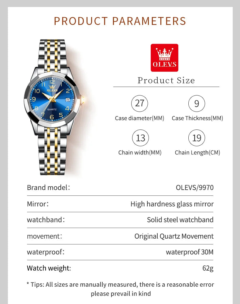 OLEVS 9970 Original Luxury Quartz Watch for Women Rhombus Mirror Digital Dial Calendar Stainless Steel Waterproof Wrist Watches