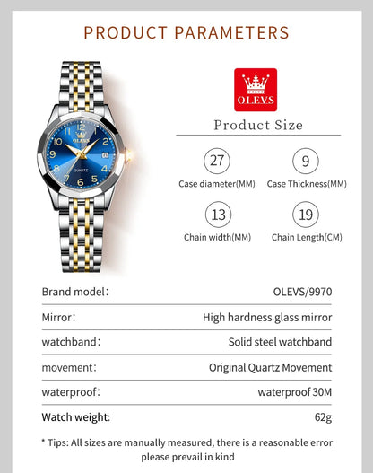 OLEVS 9970 Original Luxury Quartz Watch for Women Rhombus Mirror Digital Dial Calendar Stainless Steel Waterproof Wrist Watches