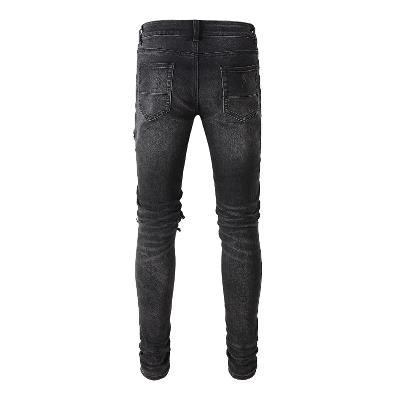 Men Cracked Leather Patch Biker Jeans Streetwear Pleated Patchwork Holes Ripped