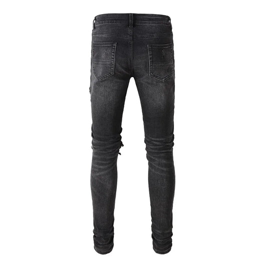 Men Cracked Leather Patch Biker Jeans Streetwear Pleated Patchwork Holes Ripped