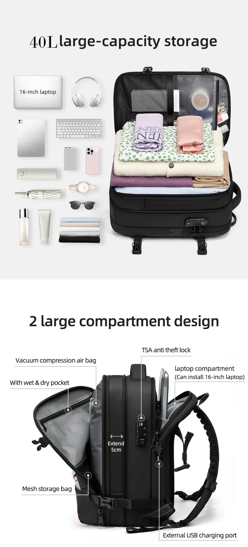Travel casual Backpack 16 inch vacuum compression Laptop Backpack USB charging school Backpack Extended Hiking Business backpack