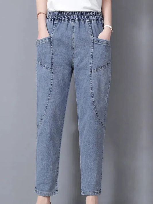 Vintage High Waist Ankle-length Blue Jeans Harem Elastic Denim Pants