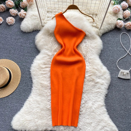 Fashion One Shoulder Knitted Bodycon Dress Lady Elastic