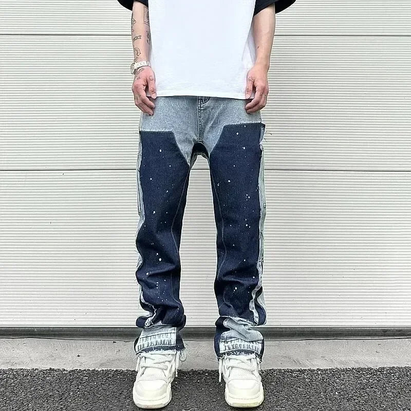 Jeans retro personalized straight-leg splicing flared pants trendy denim trousers