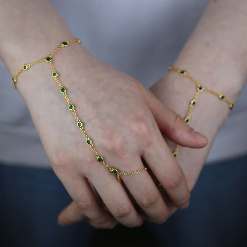 2023 Summer Jewelry Pendant Link Chain Ring Bracelet for Women White Green Blue Stone CZ Gold Plated Adjust Bracelet Accessories