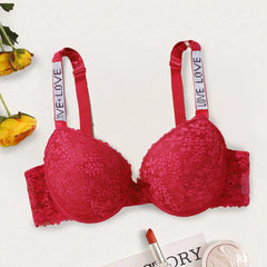 Shine Letter Straps Push Up Bra Comfy Breathable Floral Lace Everyday Bra