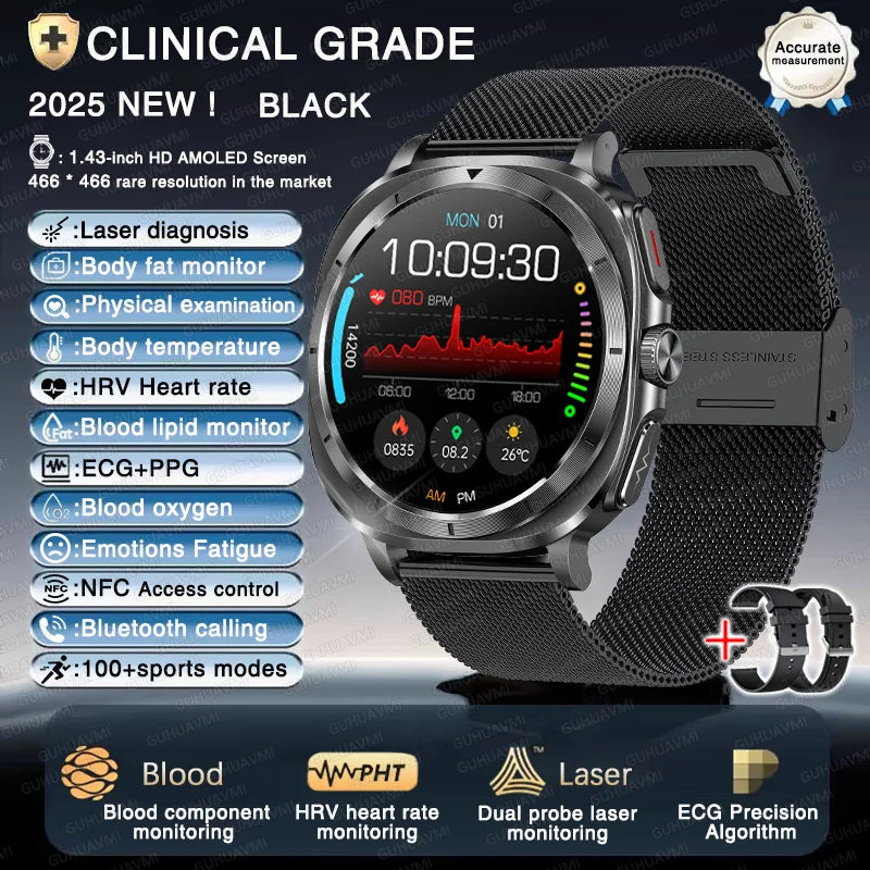 2025 Fashion New Expert level Health Smart Watch Men ECG+PPG Laser Monitor Uric Acid Blood Fat Blood Pressure NFC HD Call Watch