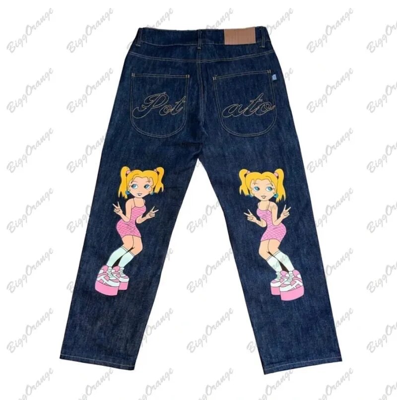 High quality double ponytail girls print jeans gothy y2k loose straight leg wide leg pants