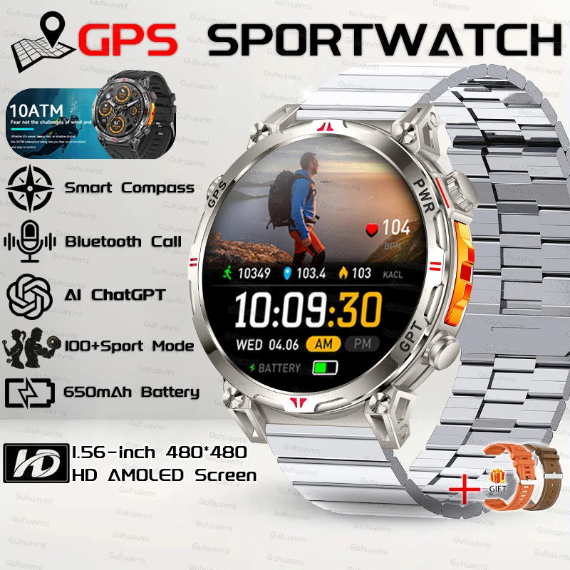 2025New Military GPS Sport Smartwatch Men 650mAh AMOLED Screen Compass Altimeter 10ATM Waterproof Heart Rate Wireless Call Clock