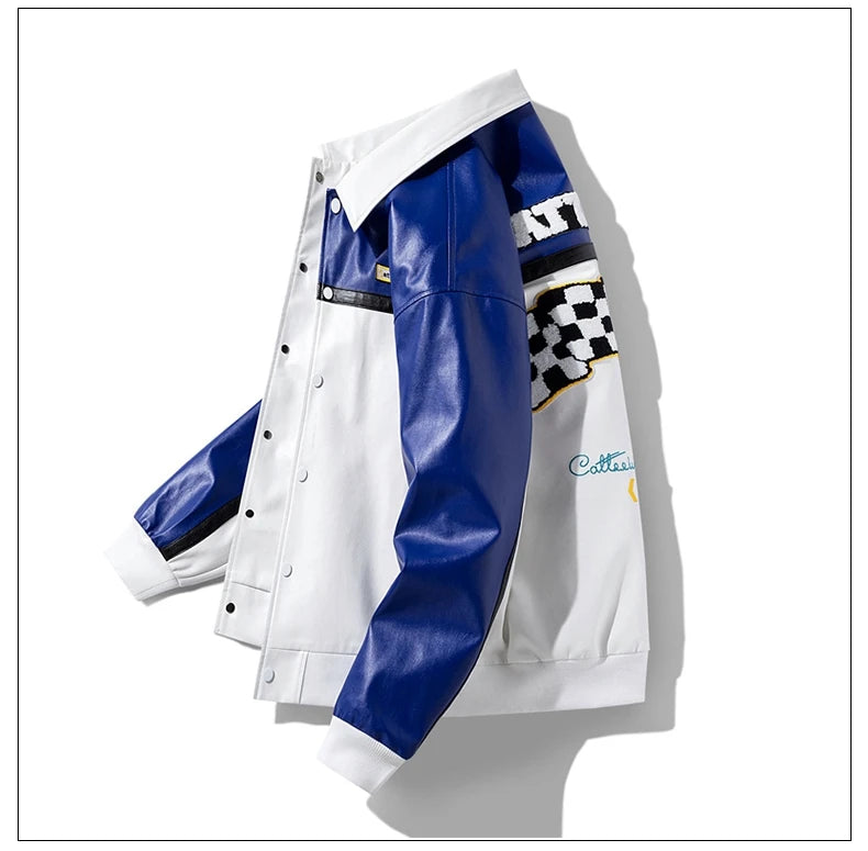 Unisex Embroidery Varsity Leather Jacket Harajuku Patchwork Streetwear Men Vintage