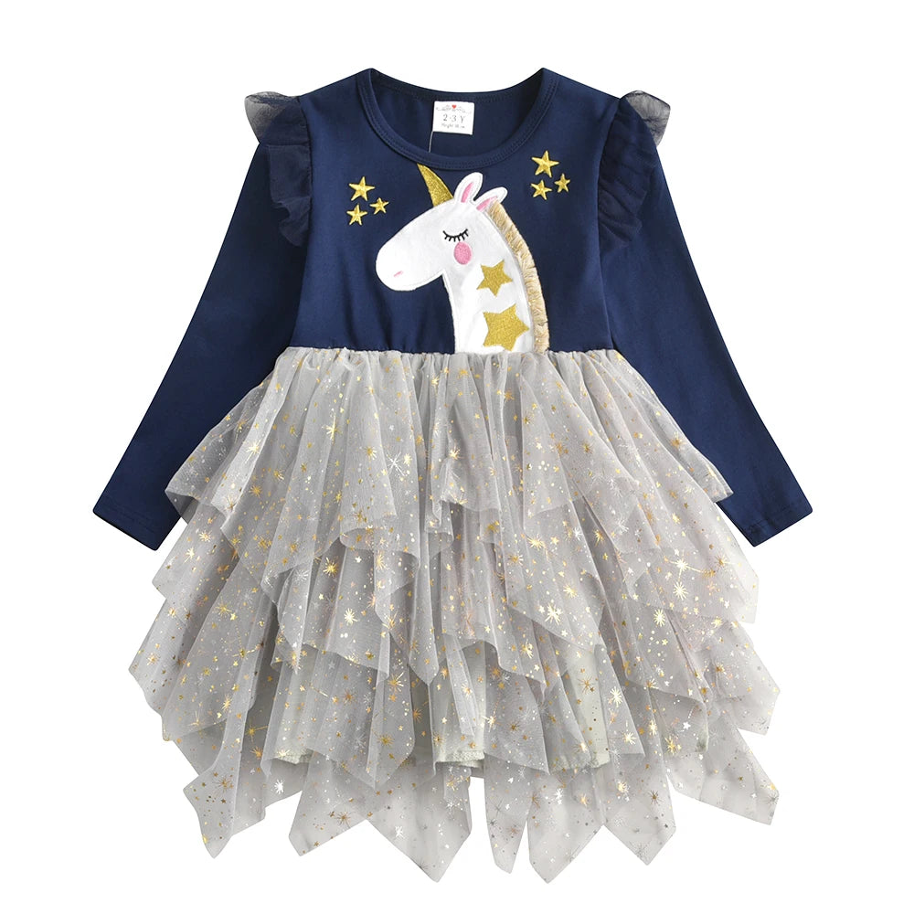 Kids Licorne Cartoon Appliqued Dress Girls Long Sleeve Autumn Winter