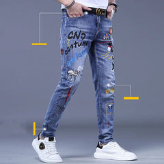 Fashion Printed Jeans Men's Korean Brand Embroidery Badge Pattern Youth Ripped