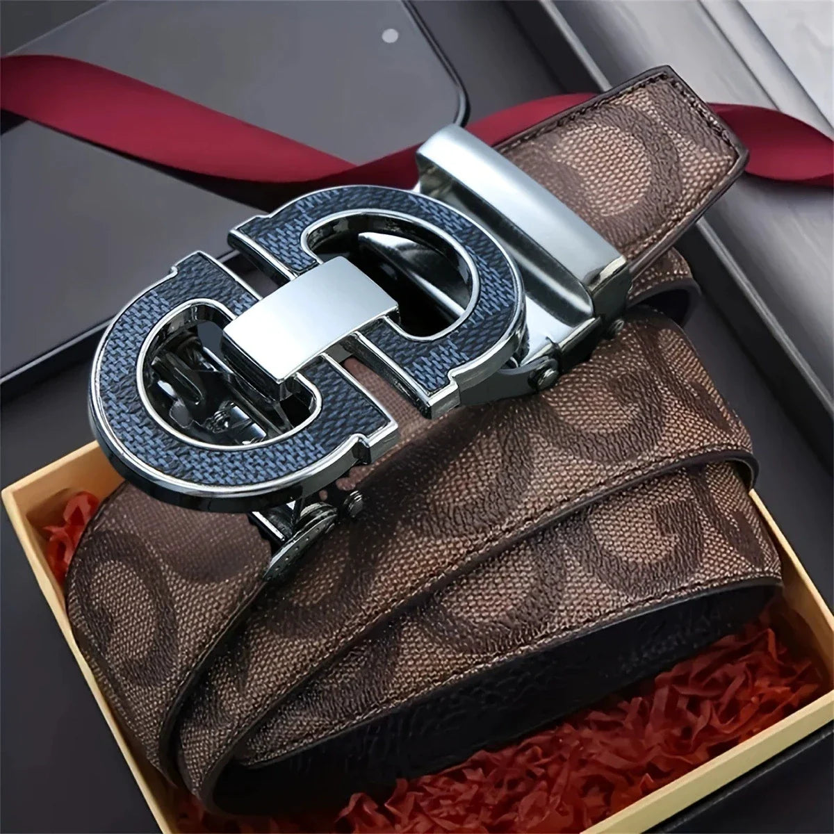 Men's Sleek Automatic Buckle Belt - Genuine FauxwithTextured Square Pattern, Black, Simple & Stylish DesignforCasual Attire