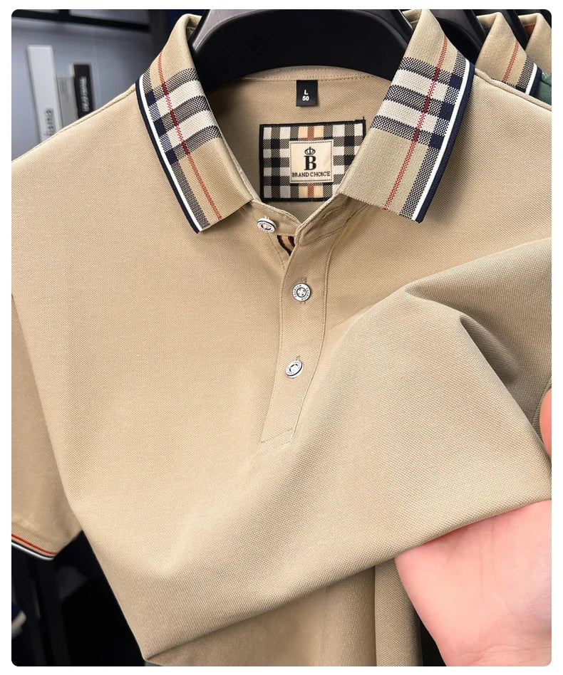 High end silky cotton breathable short sleeve polo shirt men's summer new trend plaid lapel designer brand casual golf T-shirt