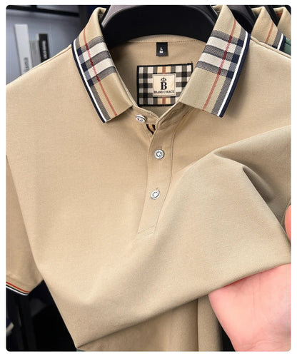 High end silky cotton breathable short sleeve polo shirt men's summer new trend plaid lapel designer brand casual golf T-shirt