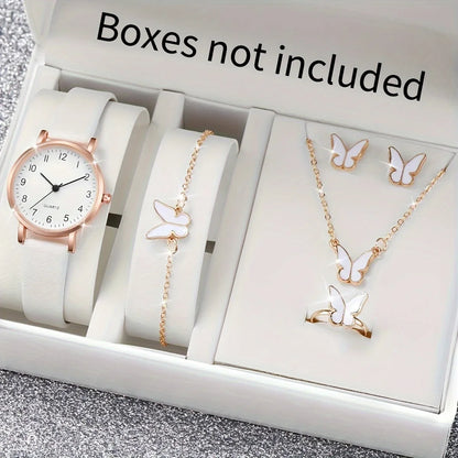 6PCS/Set Women's Watch Casual Arabic Dial Quartz Watch Analog PU Leather Wrist Watches Butterfly Jewelry Set(Without Box)