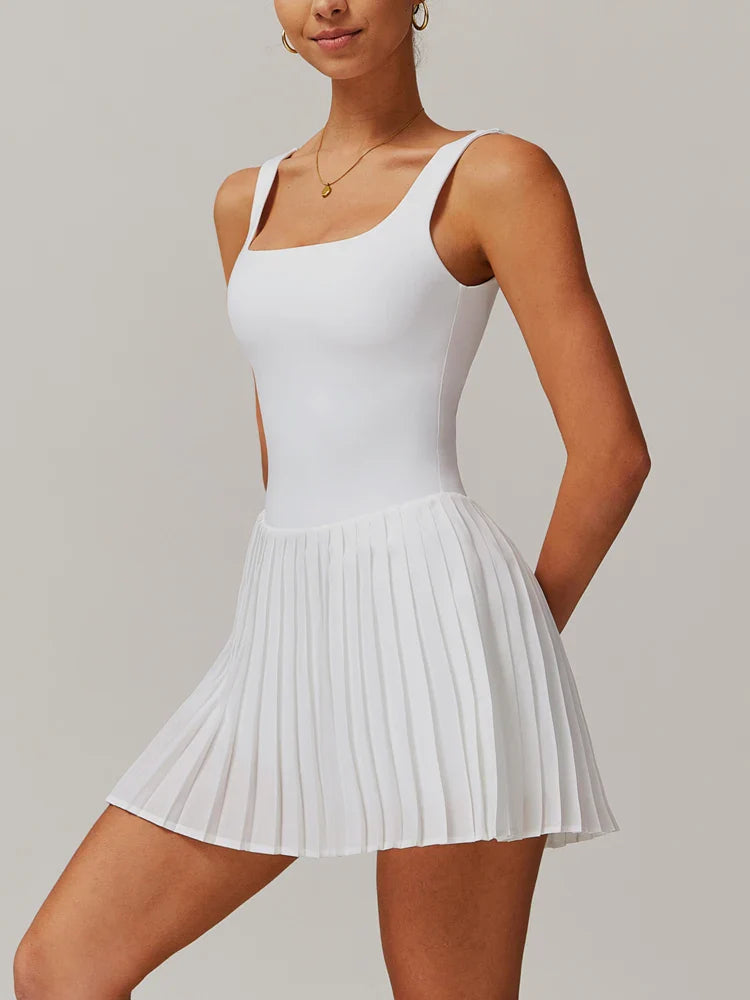 VITALINOVO Workout Tennis Dress with Built in Shorts Square Neck Padded Workout Dress with Pockets Golf Athletic Mini Dresses