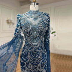 Blue Mermaid Lace Beaded Formal Occasion Evening Dresses Cap Sleeve for Woman