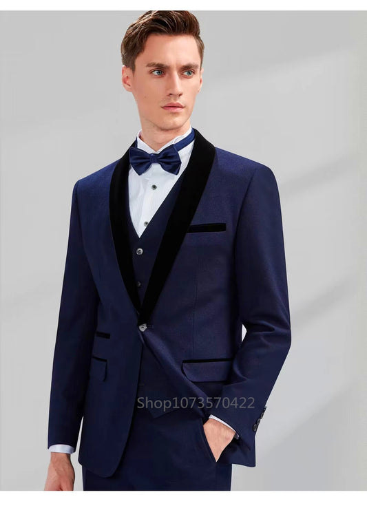 Navy Blue/Black 3 Piece Men Suits Wedding Party Tuxedos Shawl Lapel Groom Formal Wear Slim Fit Jacket+Vest+Pant Costume Homme