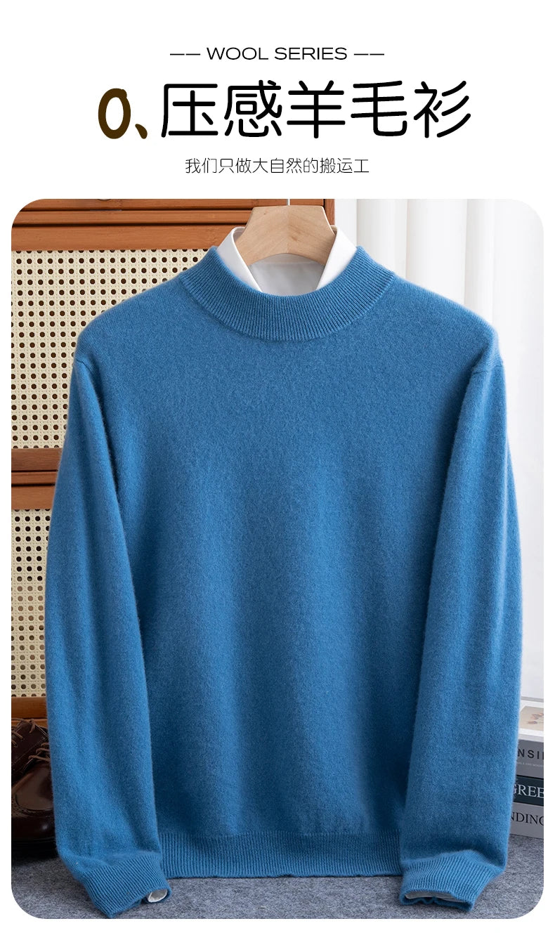 Fashion Men's 100% Wool Pullover Half-high Collar Sweater Autumn Winter Warm Top