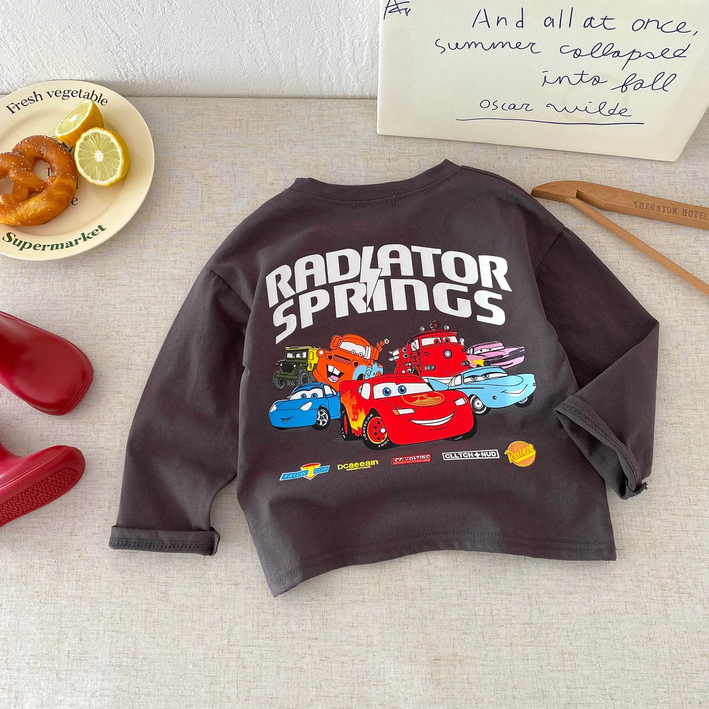 Fashion New Cartoon Car Boys Long Sleeved T-shirts Tops Crewneck Printed Loose Casual Kids Base Shirts Children's Clothes Blouse