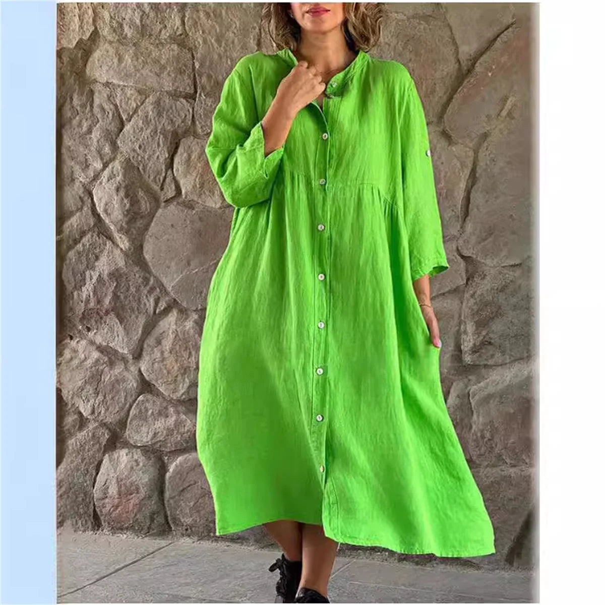Women Causal Cotton Linen Dress Fashion Loose Button Up Long Sleeve Shirt Dresses