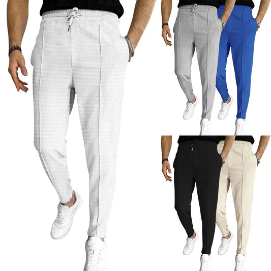 Men's Trousers waffle plaid drawstring sports pants for men Casual Loose Straight Pants