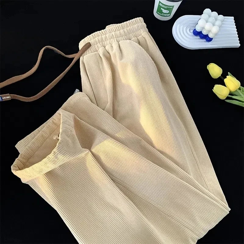 Autumn Fashion Women Corduroy Sweatpants Bf High Waist Drawcord Korean Solid