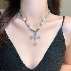 Pearl Cross Pendant Necklace Hip Hop Retro Men Women Religious Jewelry