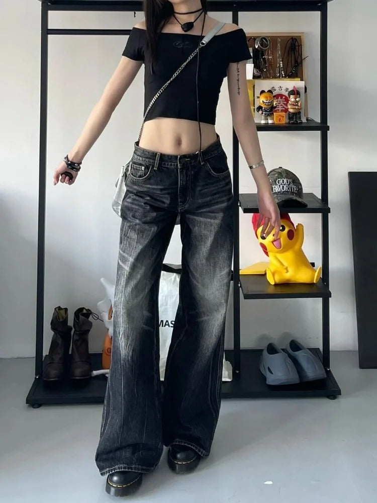 Y2k Black Jeans Women Baggy Vintage High Street Oversized Denim Trousers