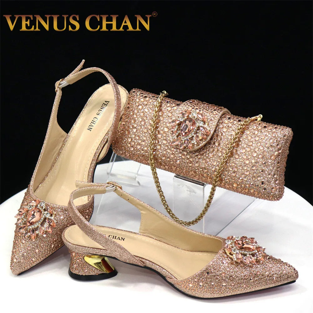 Venus Chan Italian Hollow Design Women Shoes Matching Bag in Champagne Color Mature African Ladies Comfortable Sandals for Party
