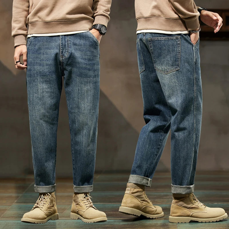 Jeans Men Loose Fit Retro Blue Solid Blue Autumn and Winter Wide