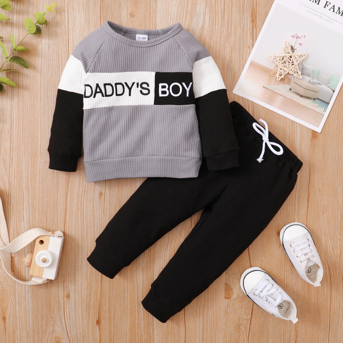 Winter Newborn Infant Baby Boy Long Sleeve Knitted    Soft  Waffle  Letter Casual Fashion Baby Clothing