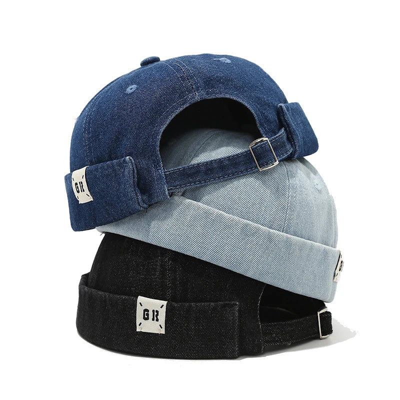 Bocca Denim Docker Cap Without Visor Letter Label Brimless Caps Adjustable Solid Color Hats Unisex Adult Retro Hip Hop Street