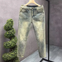 Men's Jeans Slim Fit Vintage Cropped Pants Light Tone Holes Small Footwear