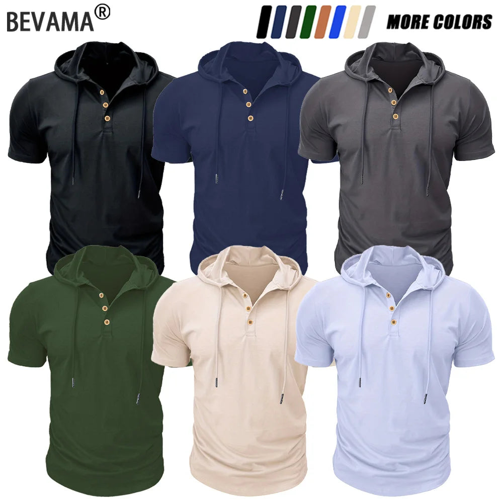 Men's Hooded Short-Sleeved Tees Summer Slim Fitness Quick Dry T-shirt Breathable Sports Tops for Male Bodybuilding