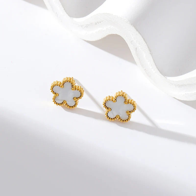 Stainless Steel White Plum Blossom Plant Leaf Flower Set Reversible Necklace Earrings Bracelet Women Clover Jewelry