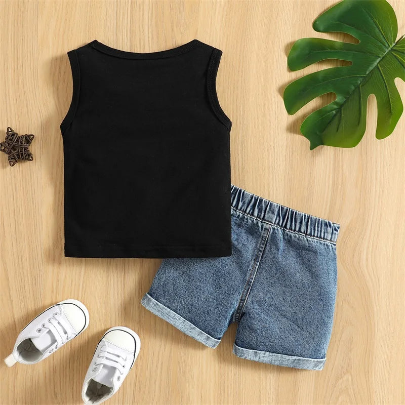 0-3Y Baby Boys Summer Clothes Set Kids Short Sleeve Letter T-shirt + Denim Short Pants Toddler Casual Outfits