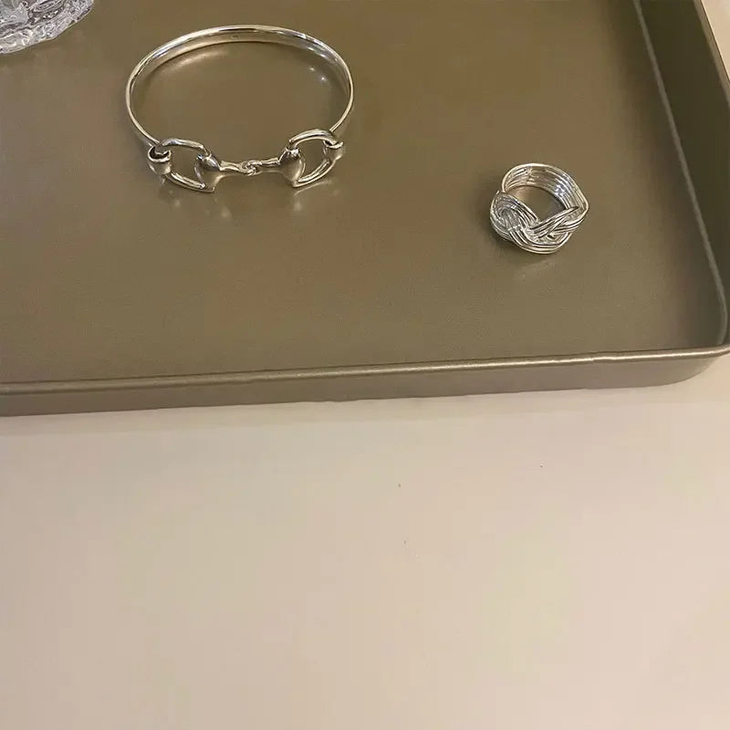 South Korea Dongdaemun Horseshoe Horsebit Buckle Bamboo Simple Buckle Women Bracelet 925 Sterling Silver Thick Heavy Industry