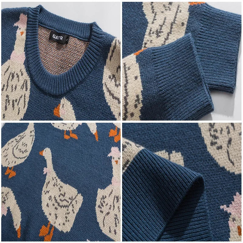 Japanese Knitted Sweater Men Cartoon Animal Duck Goose Print Pullover