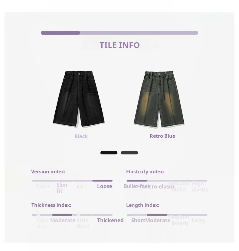2025 Summer Men's Wide Leg Jeans Shorts Vintage Distressed Wash Y2K Straight Elastic Waist Loose Casual Relaxed Fit
