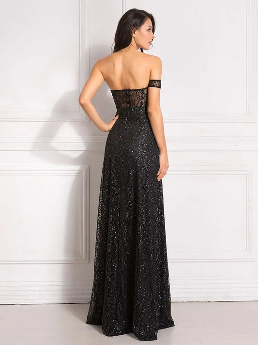 Evening wear Dresses: Off Shoulder Sparkle Glitters Floor Length Split Party Maxi Dress